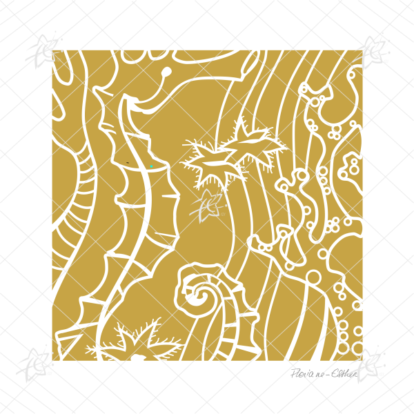 Floriane Esther hyppocampe 2 ocre bretagne motif illustration carterie 140x140 Floriane Esther carterie illustration hippocampe négatif ocre