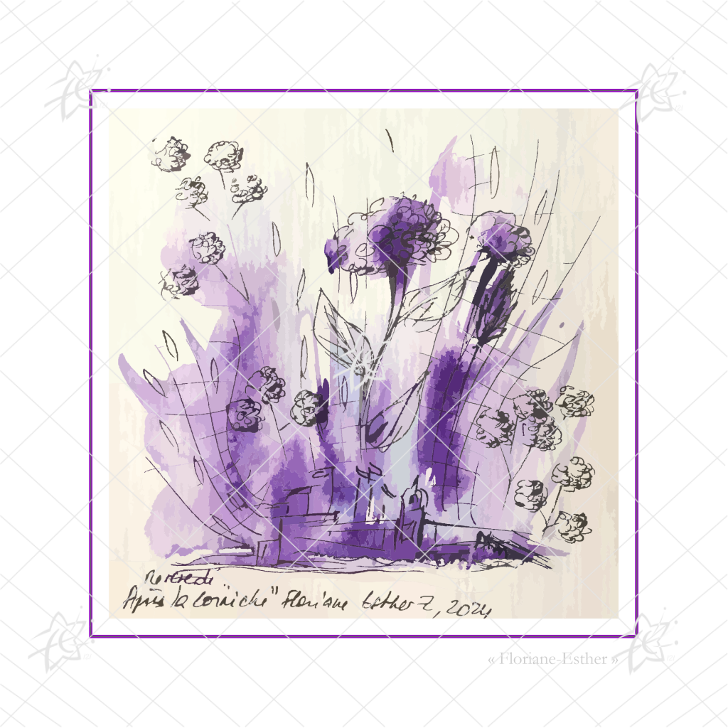 Floriane Esther carterie carte carrée 14 cm illustration fleurs mauve bord de mer et gypsophile