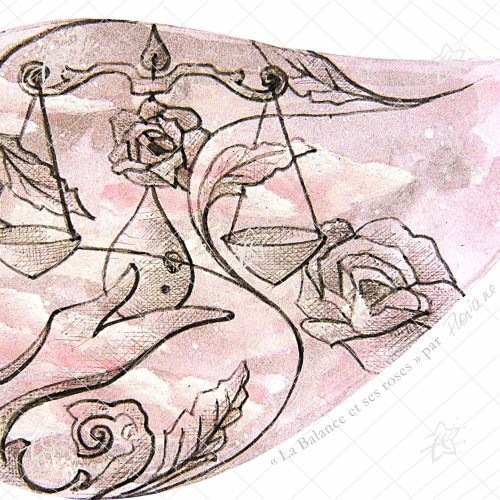 Floriane Esther Illustration Balance Signes du Zodiaque Fleuris carterie carte postale oeuvre numérique à télécharger et imprimer Illustration artistique de la Balance accompagnée de roses, associant la symbolique astrologique à une composition florale botanique dans un style décoratif et contemporain.