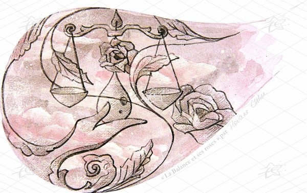 Floriane Esther Illustration Balance Signes du Zodiaque Fleuris carterie carte postale oeuvre numérique à télécharger et imprimer Illustration artistique de la Balance accompagnée de roses, associant la symbolique astrologique à une composition florale botanique dans un style décoratif et contemporain.