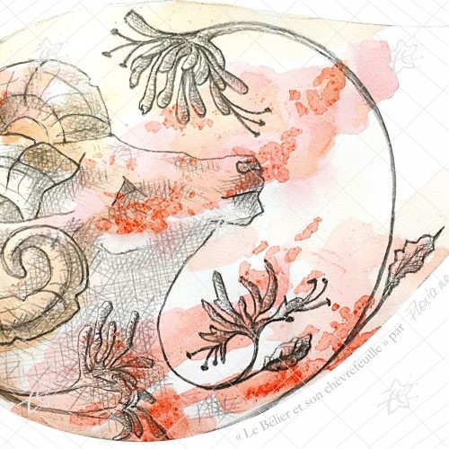 Floriane Esther Illustration Bélier Signes du Zodiaque Fleuris chèvrefeuille carterie carte postale oeuvre numérique à télécharger et imprimer Illustration artistique du Bélier entouré de fleurs de chèvrefeuille, associant la symbolique astrologique à une composition florale botanique dans un style décoratif et contemporain.