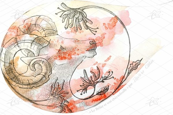 Floriane Esther Illustration Bélier Signes du Zodiaque Fleuris chèvrefeuille carterie carte postale oeuvre numérique à télécharger et imprimer Illustration artistique du Bélier entouré de fleurs de chèvrefeuille, associant la symbolique astrologique à une composition florale botanique dans un style décoratif et contemporain.