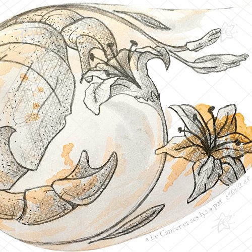 Floriane Esther Illustration Cancer Signes du Zodiaque Fleuris lys carterie carte postale oeuvre numérique à télécharger et imprimer Illustration artistique du Cancer accompagnée de lys, associant la symbolique astrologique à une composition florale botanique dans un style décoratif et contemporain.