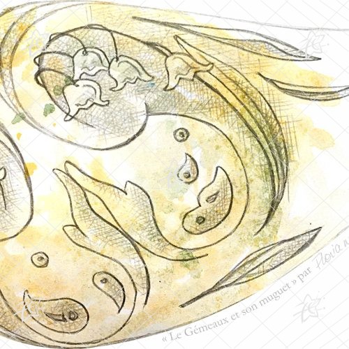 Floriane Esther Illustration Gémeaux Signes du Zodiaque Fleuris muguet carterie carte postale oeuvre numérique à télécharger et imprimer Illustration artistique des Gémeaux accompagnés de brins de muguet, associant la symbolique astrologique à une composition florale botanique dans un style décoratif et contemporain.
