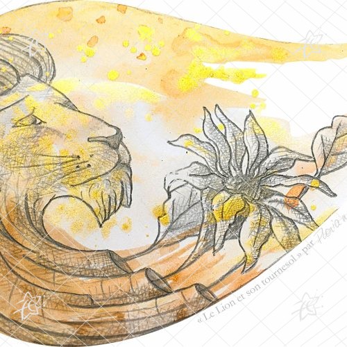 Floriane Esther Illustration Lion Signes du Zodiaque Fleuris tournesol carterie carte postale oeuvre numérique à télécharger et imprimer Illustration artistique du Lion accompagné d'un tournesol rayonnant, associant la symbolique astrologique à une composition florale botanique dans un style décoratif et contemporain.