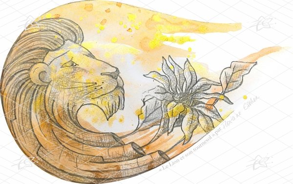 Floriane Esther Illustration Lion Signes du Zodiaque Fleuris tournesol carterie carte postale oeuvre numérique à télécharger et imprimer Illustration artistique du Lion accompagné d'un tournesol rayonnant, associant la symbolique astrologique à une composition florale botanique dans un style décoratif et contemporain.