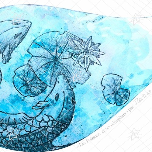 Floriane Esther Illustration Poissons Signes du Zodiaque Fleuris nénuphars carterie carte postale oeuvre numérique à télécharger et imprimer Illustration artistique d'un poisson accompagné d'un nénuphar, associant l'univers aquatique à une composition florale botanique dans un style décoratif et contemporain.