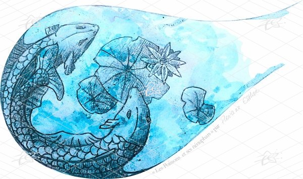 Floriane Esther Illustration Poissons Signes du Zodiaque Fleuris nénuphars carterie carte postale oeuvre numérique à télécharger et imprimer Illustration artistique d'un poisson accompagné d'un nénuphar, associant l'univers aquatique à une composition florale botanique dans un style décoratif et contemporain.
