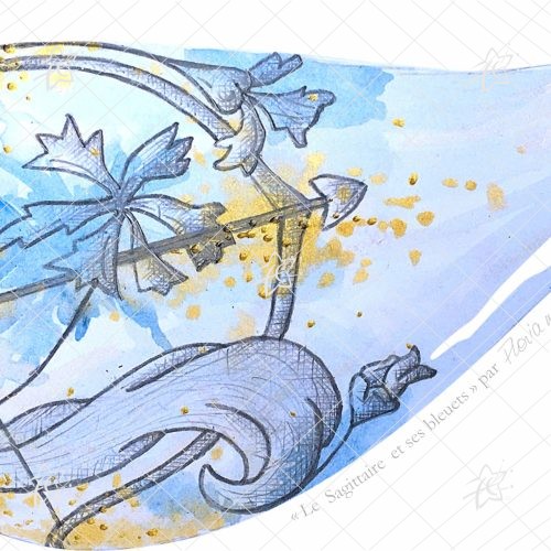 Illustration artistique du Sagittaire accompagnée de bleuets, associant la symbolique de l'archer à une composition florale botanique réalisée dans un style décoratif et contemporain