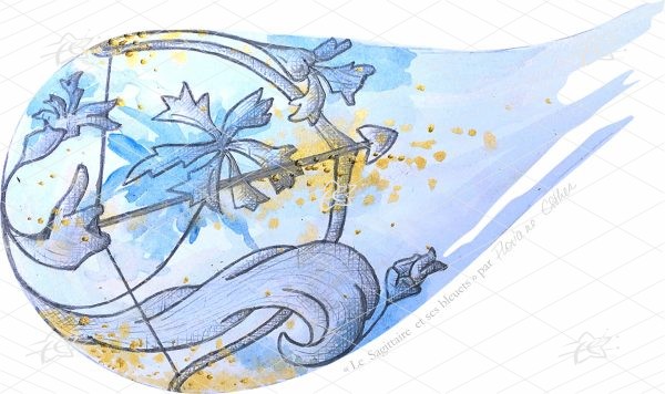 Illustration artistique du Sagittaire accompagnée de bleuets, associant la symbolique de l'archer à une composition florale botanique réalisée dans un style décoratif et contemporain