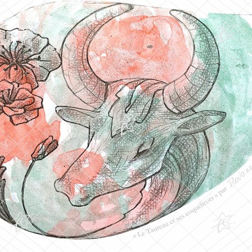 Floriane Esther Illustration Taureau Signes du Zodiaque Fleuris chèvrefeuille carterie carte postale oeuvre numérique à télécharger et imprimer Illustration artistique du Taureau entouré de coquelicots, associant la symbolique astrologique à une composition florale botanique dans un style décoratif et contemporain
