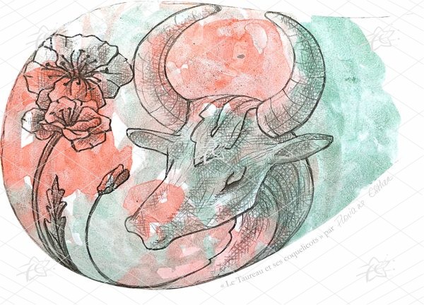 Floriane Esther Illustration Taureau Signes du Zodiaque Fleuris chèvrefeuille carterie carte postale oeuvre numérique à télécharger et imprimer Illustration artistique du Taureau entouré de coquelicots, associant la symbolique astrologique à une composition florale botanique dans un style décoratif et contemporain