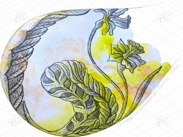 Floriane Esther Illustration Vierge Signes du Zodiaque Fleuris narcisse carterie carte postale oeuvre numérique à télécharger et imprimer Illustration artistique de la Vierge accompagnée de narcisses, associant la symbolique astrologique à une composition florale botanique réalisée dans un style décoratif et contemporain.
